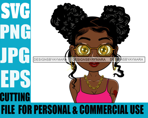 Afro Puff Cute Lili Big Eyes Cool Glasses Girl With Tattoo Designs For Commercial And Personal Use Black Woman Nubian Queen Melanin SVG Cutting Files For Silhouette Cricut and More