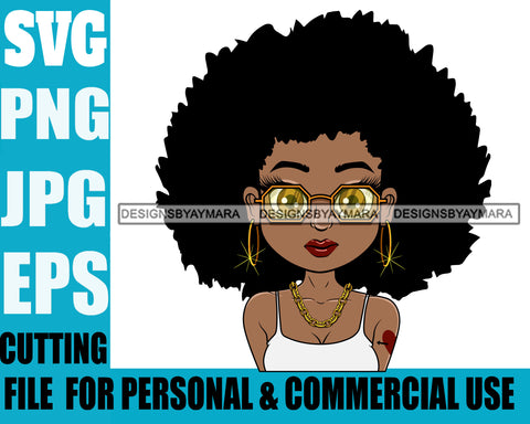 Afro Hairstyle Cute Lili Big Eyes Cool Glasses Girl With Tattoo Designs For Commercial And Personal Use Black Woman Nubian Queen Melanin SVG Cutting Files For Silhouette Cricut and More