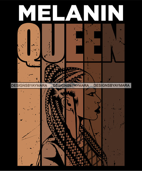 Melanin Queen Quote Afro Woman Side View Black Girl Magic Ebony Cornrows Braids Hairstyle SVG JPG PNG Vector Clipart Cricut Silhouette Cut Cutting