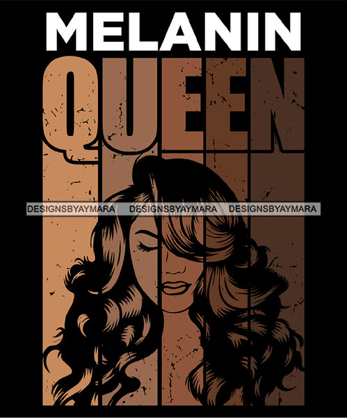 Melanin Queen Quote Afro Woman Black Girl Magic Ebony Long Wavy Hairstyle SVG JPG PNG Vector Clipart Cricut Silhouette Cut Cutting