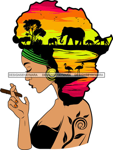 African American Woman Goddess Smoking Blunt Cannabis Safari Savanna Africa Continent SVG Files For Cutting and More!