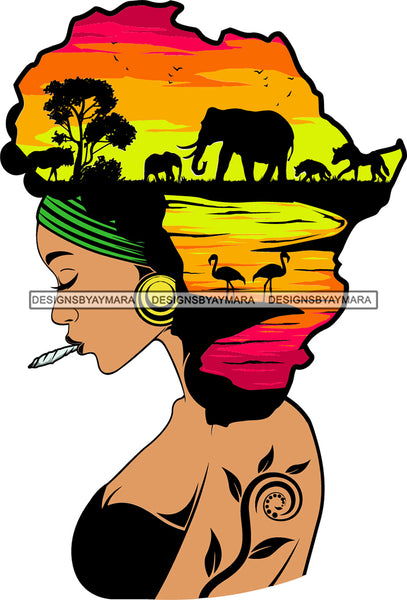 African American Woman Goddess Smoking Blunt Weed Safari Savanna Africa Continent SVG Files For Cutting and More!