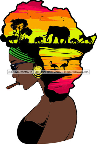 African American Woman Goddess Smoking Blunt Weed Safari Savanna Africa Continent SVG Files For Cutting and More!