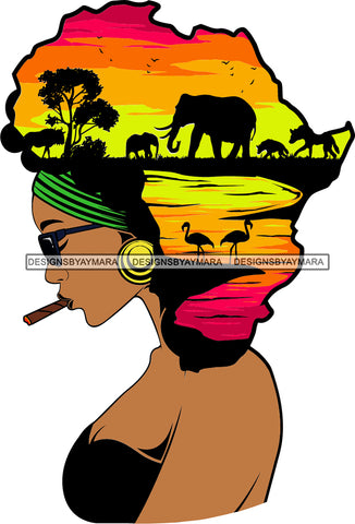 African American Woman Goddess Smoking Blunt Weed Safari Savanna Africa Continent SVG Files For Cutting and More!