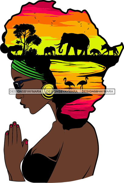 African American Woman Praying Goddess Safari Savanna Africa Continent SVG Files For Cutting and More!