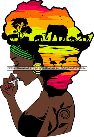 African American Woman Goddess Smoking Blunt Cannabis Safari Savanna Africa Continent SVG Files For Cutting and More!