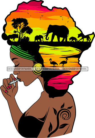 African American Woman Goddess Smoking Blunt Cannabis Safari Savanna Africa Continent SVG Files For Cutting and More!