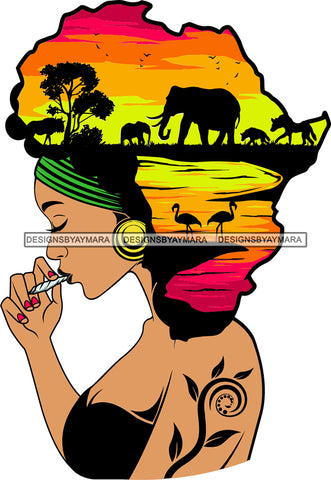 African American Woman Goddess Smoking Blunt Cannabis Safari Savanna Africa Continent SVG Files For Cutting and More!