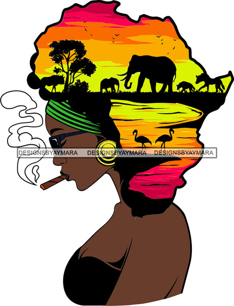 African American Woman Goddess Smoking Blunt Cannabis Safari Savanna Africa Continent SVG Files For Cutting and More!