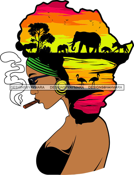 African American Woman Goddess Smoking Blunt Cannabis Safari Savanna Africa Continent SVG Files For Cutting and More!