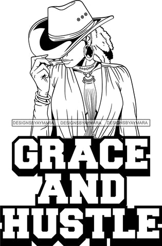 Afro Lola Queen Grace Hustle Quotes Sexy Model Bamboo Hoop Earrings Necklace Hat Dreadlocks Hair Style  B/W SVG Cutting Files For Silhouette Cricut