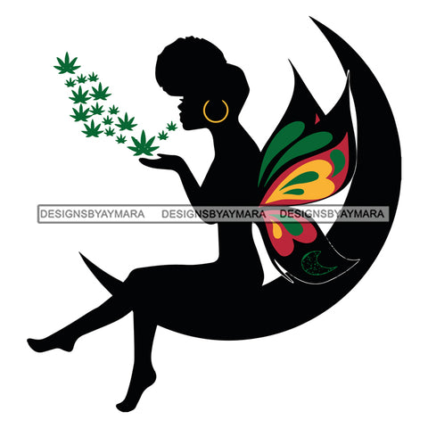 Afro Attractive Black Classy Woman With Wings Fairy Fantasy Blowing Weed Half Moon Up Do Hair Style SVG Cutting Files For Silhouette Cricut More