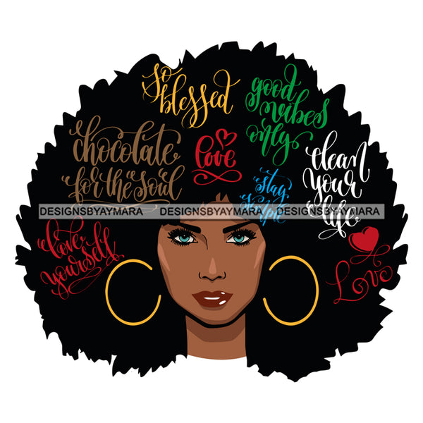 Afro Attractive Black Woman Hoop Earrings  Life Quotes Blessed Loved Good Vibes Blue Eyes Afro Hair Style SVG Cutting Files For Silhouette Cricut More