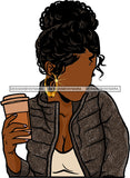 No Face Curly Black Woman Afro Hair  Gray Jacket Holding Coffee Cup SVG JPG PNG Vector Clipart Cricut Silhouette Cut Cutting