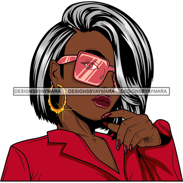 Afro Lola Flow Gray Hair Black Woman With Gold Earrings Pink Shades Sunglasses Red Top SVG Cutting Vector Files Artwork for Cricut Silhouette And More