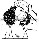 Afro Attractive Cute Urban Girl Boss Lady Queen Melanin  Bamboo Bandana Hoop Earrings Curly Hair Style  B/W SVG Cutting Files For Silhouette Cricut More