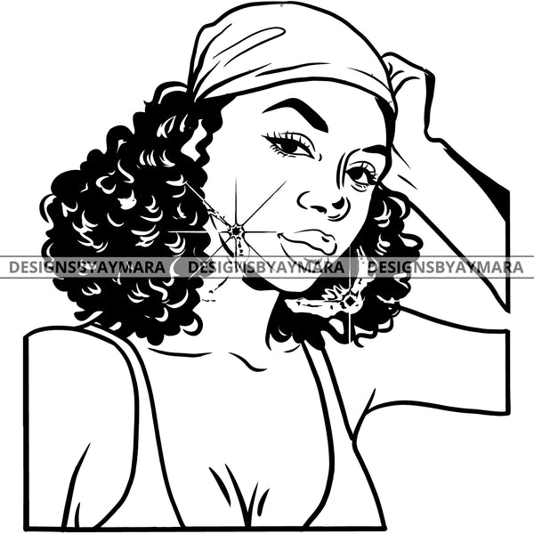 Afro Attractive Cute Urban Girl Boss Lady Queen Melanin  Bamboo Bandana Hoop Earrings Curly Hair Style  B/W SVG Cutting Files For Silhouette Cricut More