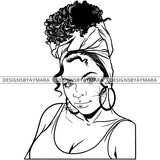 Afro Attractive Cute Urban Girl Boss Lady Queen Melanin Bamboo Hoop Earrings Turban Curly Up Do Hair Style  B/W SVG Cutting Files For Silhouette Cricut More