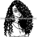 Afro Attractive Sexy Urban Girl Boss Lady Queen Melanin Sunglasses Long Curly Hair Style  B/W SVG Cutting Files For Silhouette Cricut More