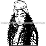 Afro Attractive Cute Urban Girl Boss Lady Queen Melanin Turban Bamboo Hoop Earrings Curly Hair Style  B/W SVG Cutting Files For Silhouette Cricut More