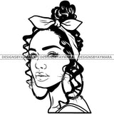 Afro Attractive Cute Urban Girl Boss Lady Queen Melanin Bandana Bamboo Hoop Earrings Curly Hair Style  B/W SVG Cutting Files For Silhouette Cricut More