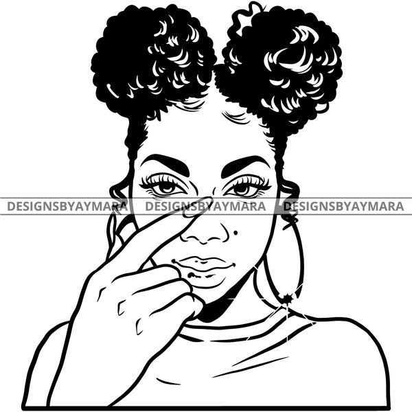 Afro Attractive Cute Urban Girl Boss Lady Queen Melanin  Bamboo Hoop Earrings Pigtails Hair Style  B/W SVG Cutting Files For Silhouette Cricut More