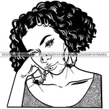 Afro Attractive Cute Urban Girl Boss Lady Queen Melanin Thinking  Bamboo Hoop Earrings Curly Hair Style  B/W SVG Cutting Files For Silhouette Cricut More