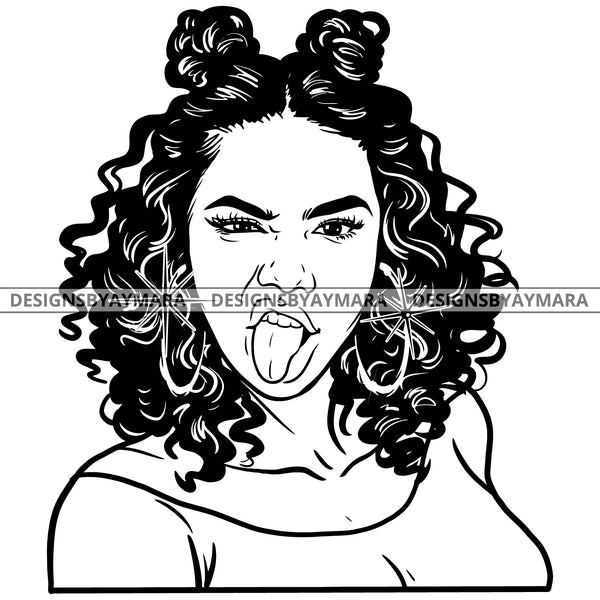 Afro Attractive Cute Urban Girl Boss Lady Queen Melanin Attitude Bamboo Hoop Earrings Curly Banku Knots Hair Style  B/W SVG Cutting Files For Silhouette Cricut More