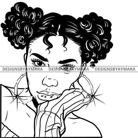Afro Attractive Cute Urban Girl Boss Lady Queen Melanin Bamboo Hoop Earrings Curly Pigtails Hair Style B/W SVG Cutting Files For Silhouette Cricut More