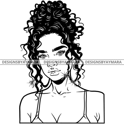 Afro Attractive Cute Urban Girl Boss Lady Queen Melanin Bamboo Hoop Earrings Curly Up Do Hair Style  B/W SVG Cutting Files For Silhouette Cricut More