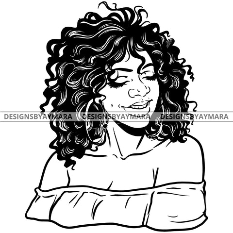 Afro Attractive Cute Urban Girl Boss Lady Queen Melanin Bamboo Hoop Earrings Curly Hair Style  B/W SVG Cutting Files For Silhouette Cricut More