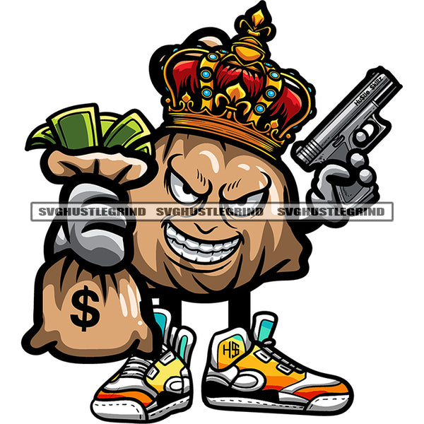 Cartoon Money Bag Character Holding Gun And Money Bag Vector Crown On Head Design Element Smile Face White Background SVG JPG PNG Vector Clipart Cricut Cutting Files