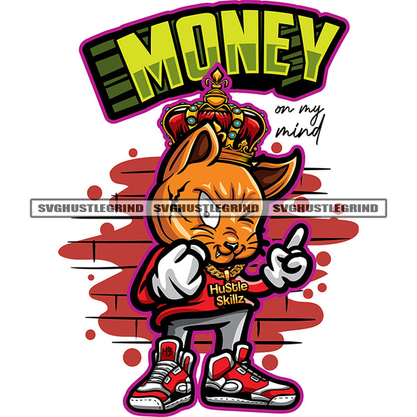 Money Gangster  Scarface Cat Vector Crown On Head Design Element Angry Face Cat Cartoon Character White Background SVG JPG PNG Vector Clipart Cricut Cutting Files