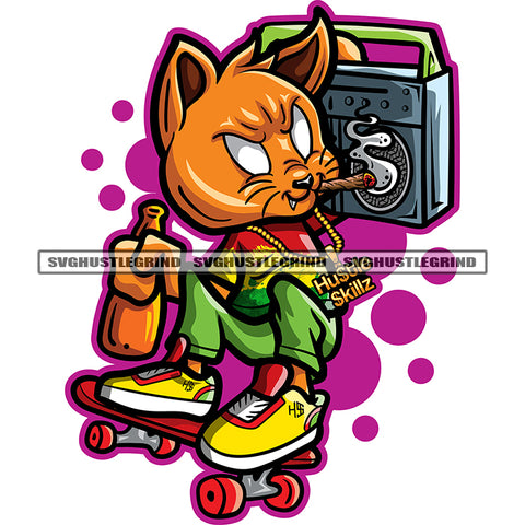 Gangster Cat On Skateboard Holding Music Box Color Design Element Hand Holding Drink Bottle Vector SVG JPG PNG Vector Clipart Cricut Cutting Files