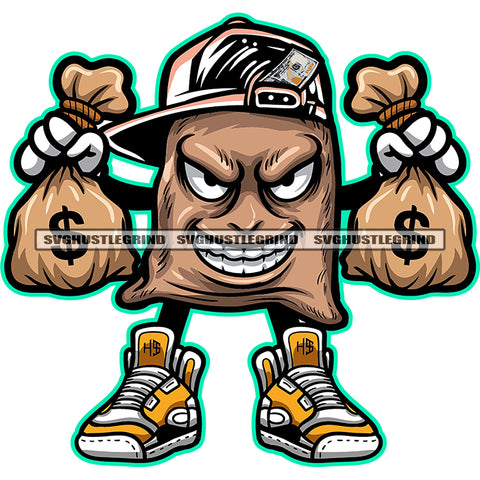 Cartoon Money Bag Character Holding Money Bag Vector Smile Face Design Element Character Wearing Cap White Background SVG JPG PNG Vector Clipart Cricut Cutting Files