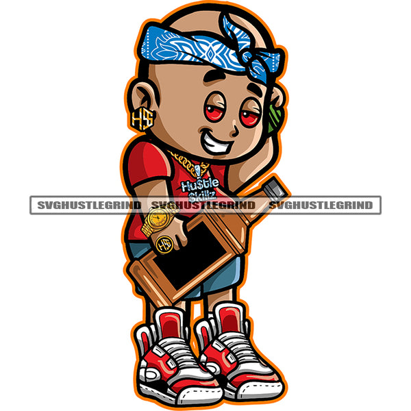 Gangster Boy Holding Drink Bottle Smile Face Vector Red Eyes Bald Head Design Element White Background Wearing Watch And Ring SVG JPG PNG Vector Clipart Cricut Cutting Files