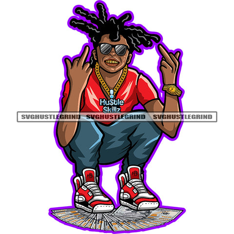African American Sitting Boy Locs Dreads Hair Design Element Nubian Boy Showing Middle Finger Gold Teeth Vector White Background SVG JPG PNG Vector Clipart Cricut Cutting Files