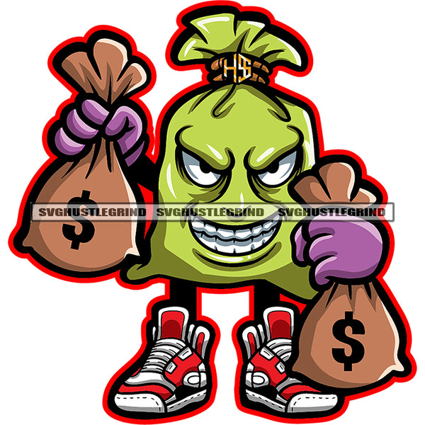 Gangster Money Bag Character Holding Money Bag Vector Smile Face Design Element Color Body White Background SVG JPG PNG Vector Clipart Cricut Cutting Files