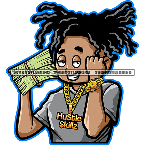 African American Boy Smile Face Holding Money Bundle Design Element Locs Dreads Hair Dripping Hard Hustler Smile Face White Background SVG JPG PNG Vector Clipart Cricut Cutting Files