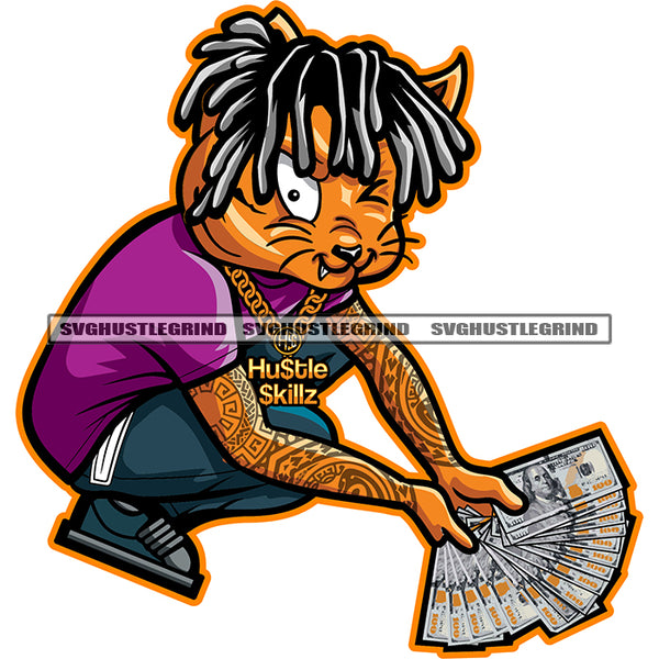 Gangster Cat Locs Dreads Hair Color Vector Sitting Cat Showing Money Design Element Bragging Hustler Grind White Background SVG JPG PNG Vector Clipart Cricut Cutting Files