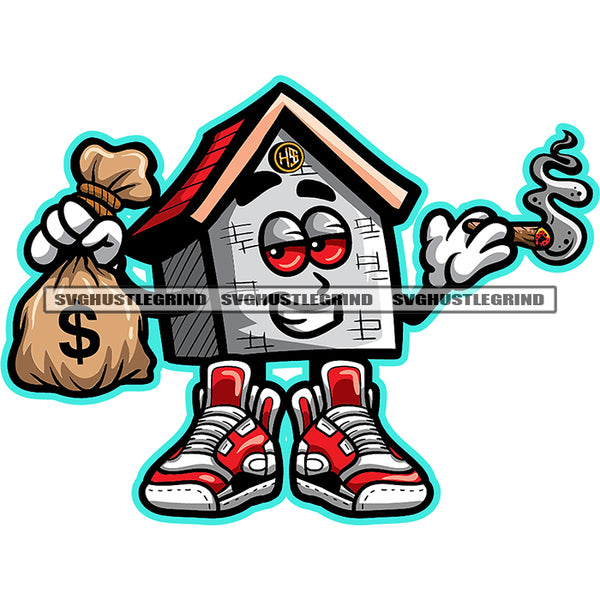 Trap House Money Bags Holding Ghetto Trap Plug Street Swag Gangster Cartoon Character Smoking Marijuana Weed White Background Red Eyes SVG JPG PNG Vector Clipart Cricut Cutting Files