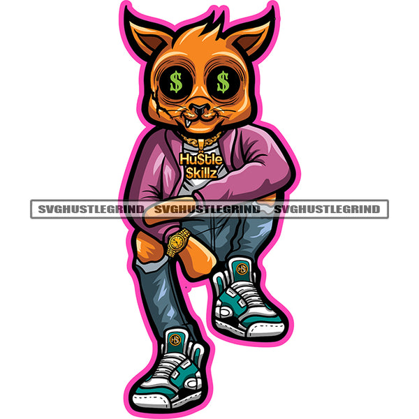 Scarface Gangster Cat Sitting Vector Eye Ball Dollar Sign Design Element Cartoon Character Color Body White Background SVG JPG PNG Vector Clipart Cricut Cutting Files