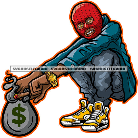 Gangster Man Ski Mask Money Bag Grind Hard Quotes Street Ghetto Hustler Dope Boy Afro Man Wearing Musk Smoking Hand Holding Bag White Background SVG JPG PNG Vector Clipart Cricut Cutting Files