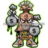 Money Bag Character Carrying Cash Bags Dripping Dollar Grinding Hustler Smile Face Vector White Background Design Element SVG JPG PNG Vector Clipart Cricut Cutting Files