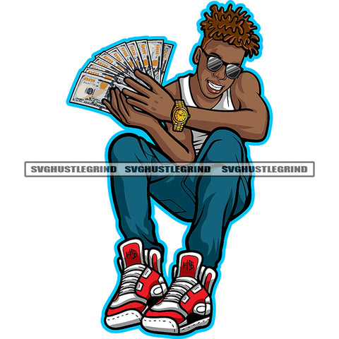 African American Young Boy Sitting Design Element Melanin Boy Holding Money Nubian Boy Wearing Sunglass Afro Hair Style White Background SVG JPG PNG Vector Clipart Cricut Cutting Files