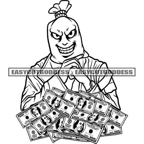 Black And White Artwork Funny Cartoon Character Sitting Pose Lot Of Money In Front Smile Face Cartoon Head Money Bag Design Element SVG JPG PNG Vector Clipart Cricut Silhouette Cut Cutting