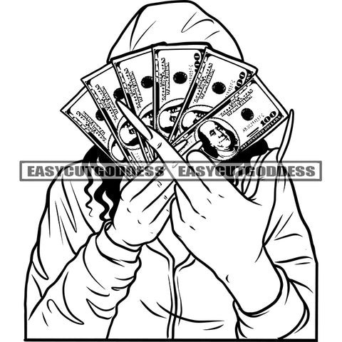 Black And White Afro Woman Holding Money Hide Face Vector Long Nail Design Element Afro Woman Showing Middle Finger BW Artwork SVG JPG PNG Vector Clipart Cricut Silhouette Cut Cutting