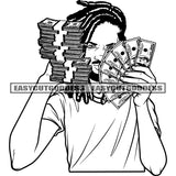 Gangster Man Holding Money Bundle And Showing Money Note Locus Hairstyle Design Element Wearing T-Shirt Black And White Artwork SVG JPG PNG Vector Clipart Cricut Silhouette Cut CuttingSVG JPG PNG Vector Clipart Cricut Silhouette Cut Cutting