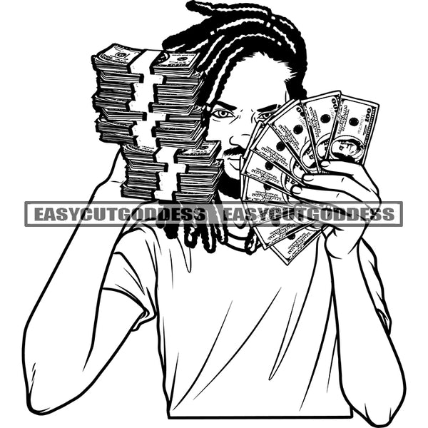 Gangster Man Holding Money Bundle And Showing Money Note Locus Hairstyle Design Element Wearing T-Shirt Black And White Artwork SVG JPG PNG Vector Clipart Cricut Silhouette Cut CuttingSVG JPG PNG Vector Clipart Cricut Silhouette Cut Cutting