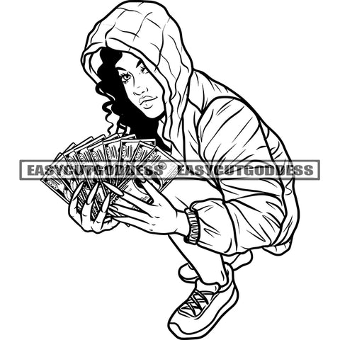 African American Woman Holding Lot Of Money Sitting Pose Curly Hairstyle Wearing Hudi Long Nail Black And White Artwork SVG JPG PNG Vector Clipart Cricut Silhouette Cut Cutting